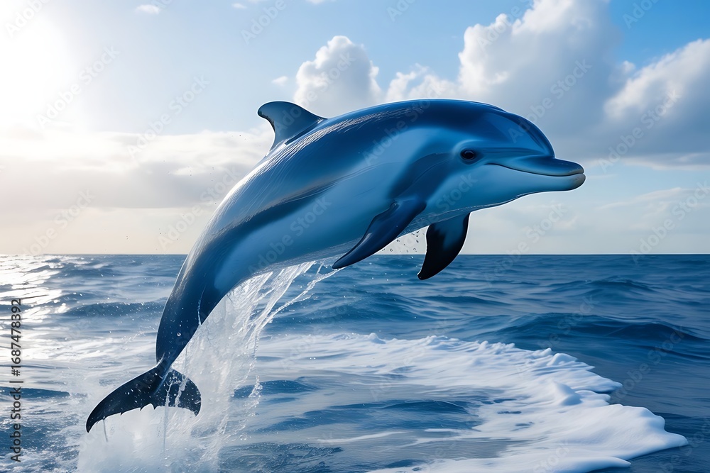 Fototapeta premium Bottlenose dolphin leaping out of the water with clouds in the background