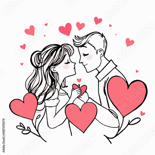 Romantic Couple in Line Art Style Sharing a Tender Moment Surrounded by Pink Hearts and Delicate Branches