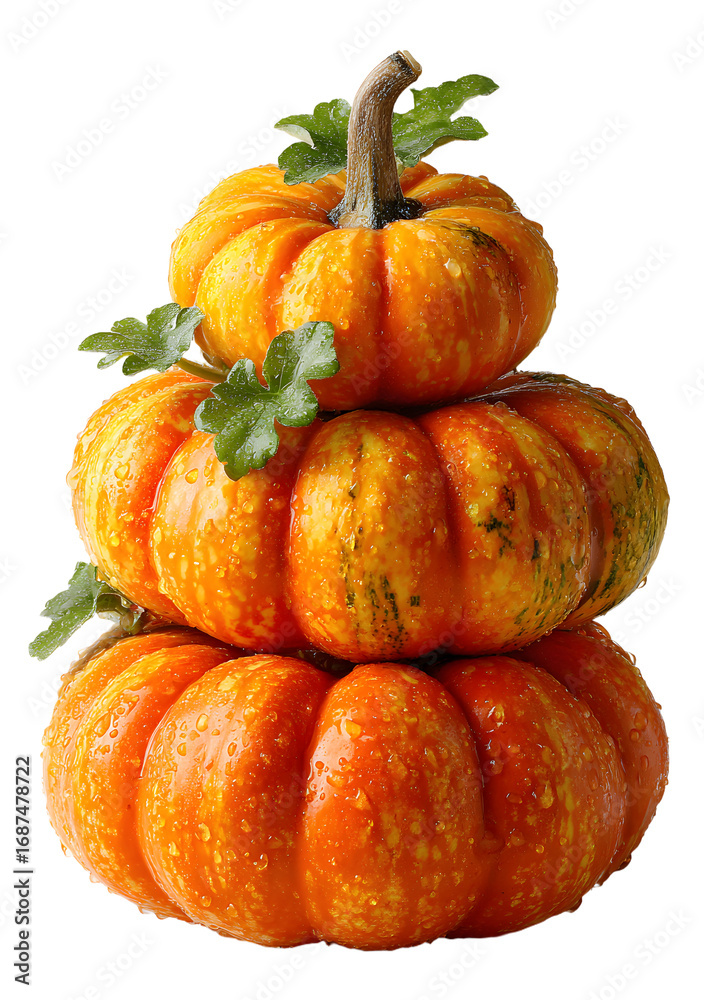 Fototapeta premium Pile of three pumpkins, isolated on transparent background, png file with transparency
