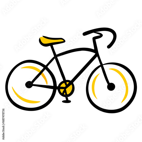 Simple doodle of a bicycle with exaggerated circular wheels, minimal vector silhouette, realistic hand-drawn feel, black on white.