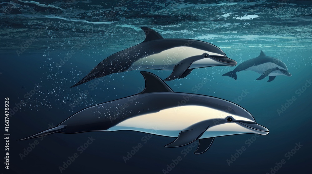 Obraz premium Three dolphins swimming gracefully underwater, showcasing their sleek bodies and natural habitat.
