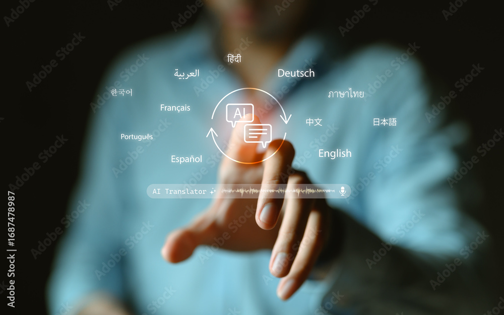 Obraz premium Professional finger touching AI translator interface surrounded by multiple languages including Hindi, Arabic, German, Thai, Chinese, Korean, French, Portuguese, Spanish, Japanese and English.