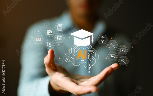 Obraz na płótnie Professional hands holding AI brain circuit with graduation cap surrounded by hexagonal education icons including books, videos and learning tools