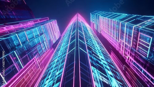 Futuristic buildings rising into the neon lit night sky