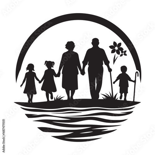 grandparents with kids vector silhouette clipart logo design illustration