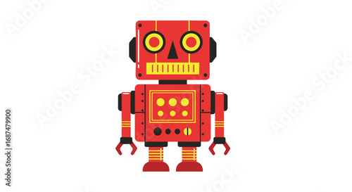 Retro Red Robot Character with Circular Eyes and Mechanical Details.