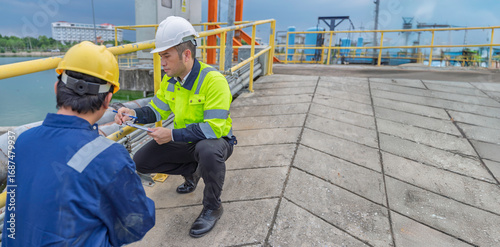 Photos Environmental engineers work at wastewater treatment plants,Water supply engineering working at Water recycling plant for reuse,Technicians and engineers discuss work together