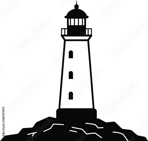 a lighthouse stands tall on rocky shore under clear sky