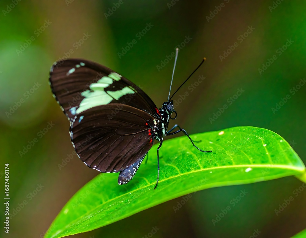 Obraz premium Close-up of a black and white butterfly on a leaf