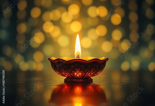 Beautiful Glowing Diya On Blur Lights