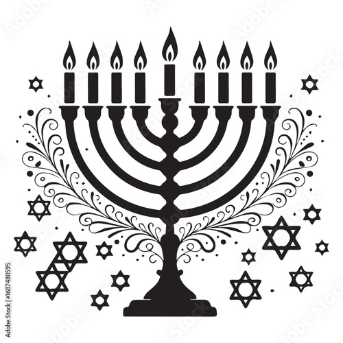 Black Menorah with Lit Candles and Star of David Symbols
