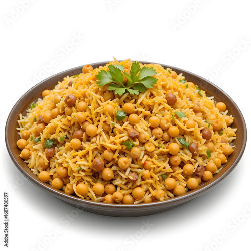 A traditional chickpea biryani, rich in spices and aroma, presented cleanly on a white background