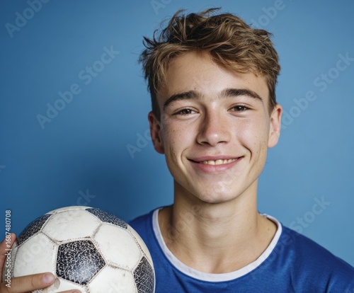 A smiling adolescent boy holds a soccer ball against a bright blue backdrop.