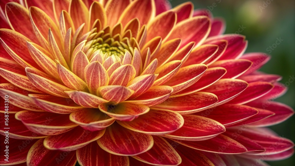 Obraz premium Vibrant red and yellow dahlia flowers bloom in a close-up garden macro, their beautiful petals glowing in the summer light