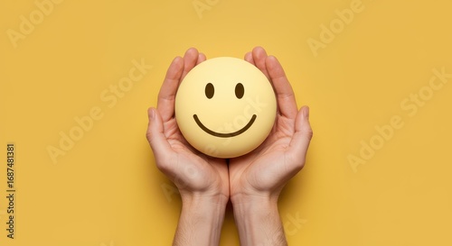 A Symbol of Happiness: Two hands gently cradle a smiling face, a tangible representation of happiness and well-being. A symbol for health and positivity.