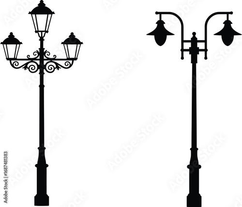street lamps with intricate designs and multiple lights