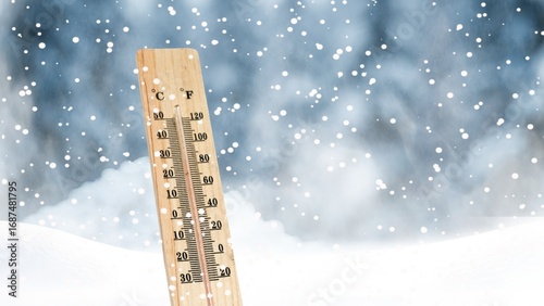 A thermometer against a snowstorm background shows a low temperature in Celsius or Fahrenheit. Extreme weather. Seasonal changes. Winter. Christmas. Global warming.