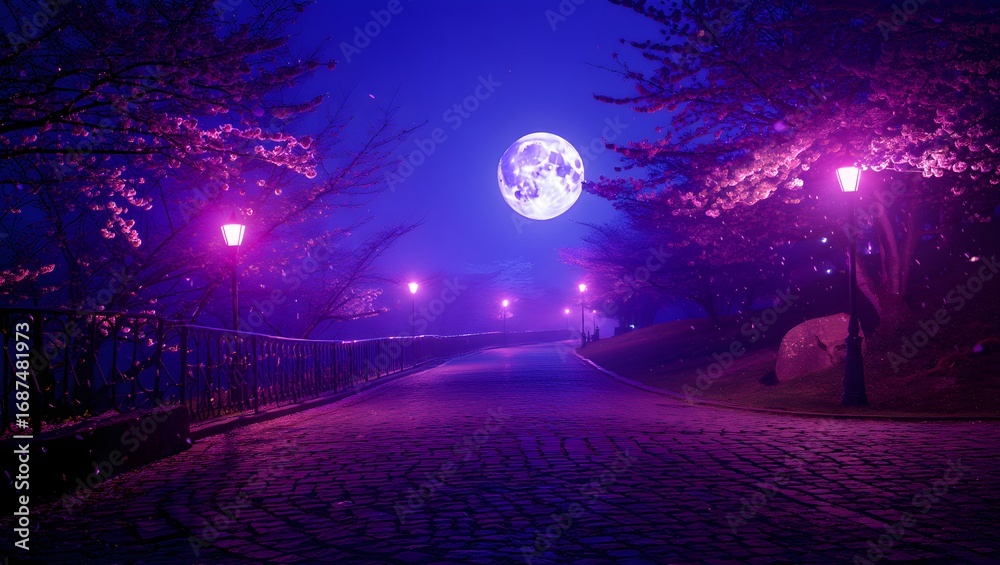 Obraz premium Moonlit path with cherry blossoms and street lamps under a vibrant night sky scene
