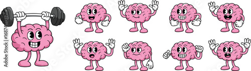 Cartoon Brain Character Lifting Weights And Waving In Various Poses vector illustration