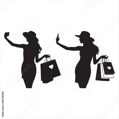 Silhouette Women Shopping with Bags and Taking Selfies
