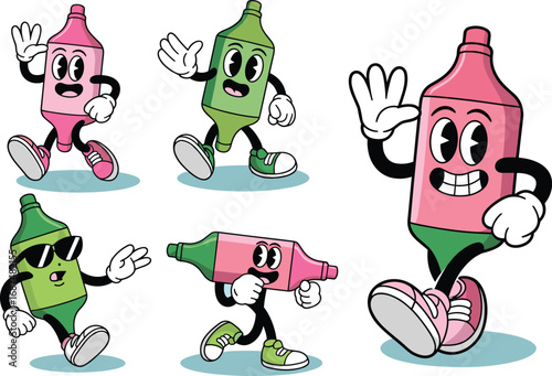 Cartoon Markers In Retro Style Walking And Holding Hands character vintage