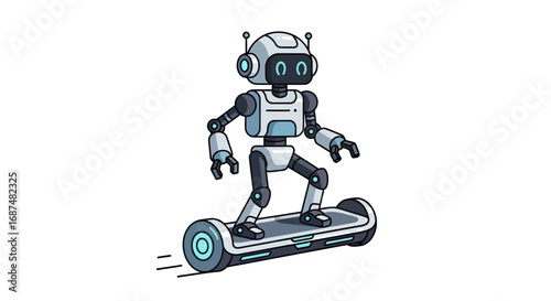 Cartoon Robot Riding a Futuristic Hoverboard with Glowing Wheels.