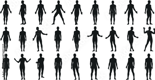 Collection of Black Silhouettes of Female Figures in Various Poses and Angles Keywords: silhouette