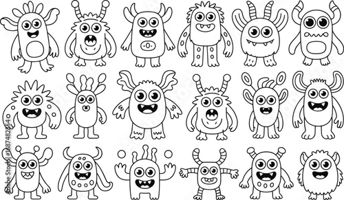 Collection of 18 unique cartoon monsters in black and white outline style Keywords: monster, monsters