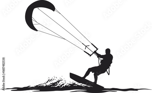 a silhouette of a person kite surfing on water waves