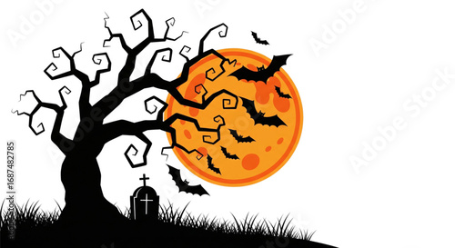 Eerie Halloween night vector art with a creepy twisted tree, flying bats, gravestone, and a glowing orange full moon.