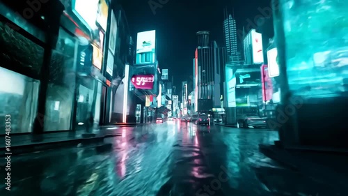 Rainy neon street glows with billboards and wet asphalt neon street reflects vibrant lights, neon street stretches empty into night. Urban-cyber concept