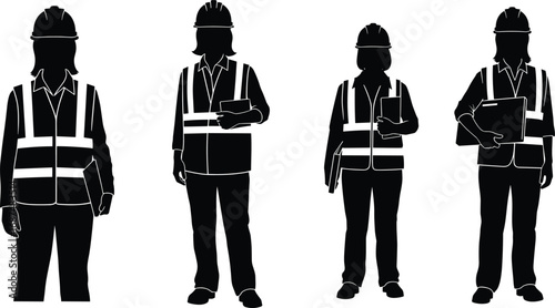 Four silhouettes of construction workers wearing hard hats and vests Keywords: construction worker