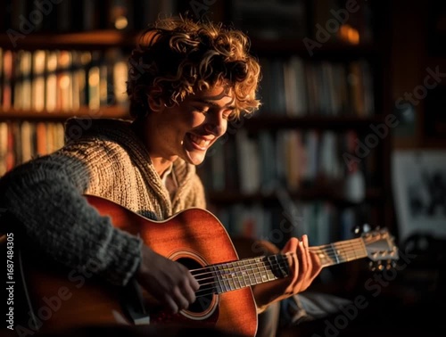 A young man with curly hair plays guitar in front of a bookshelf, smiling as the warm light falls on him. The intimate setting suggests a moment of musical expression