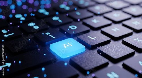 Artificial intelligence concept represented by a glowing blue AI button on a futuristic computer keyboard with digital data streams