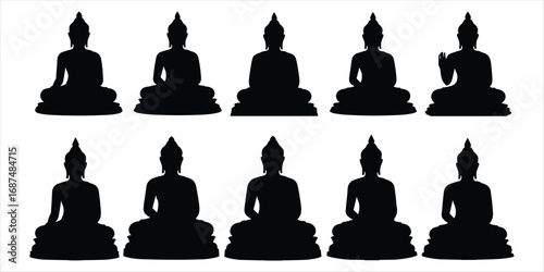 Ten Black Silhouettes of Buddha Statues in Meditation Poses Keywords: silhouette, Buddha, statue