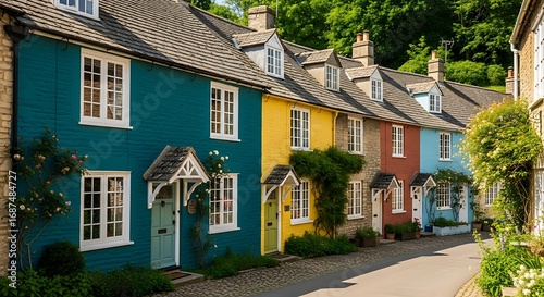 Charming Row of Colorful Houses in English Village.