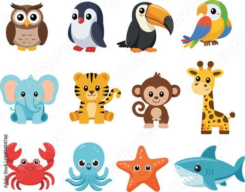 Twelve cute cartoon animals including owl penguin toucan parrot elephant tiger Keywords: owl penguin