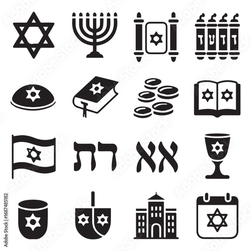 Black and White Jewish Symbols and Icons Set Judaism