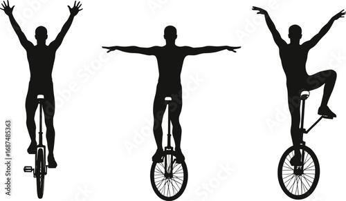 Three unicyclist silhouette poses, circus performance vector, balance and coordination concept, black illustration art, dynamic motion design, entertainment skill theme