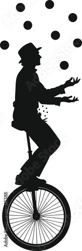 Unicyclist juggling silhouette, circus performer in motion, balancing act vector, black outline illustration, street artist concept, skill coordination, entertainment design