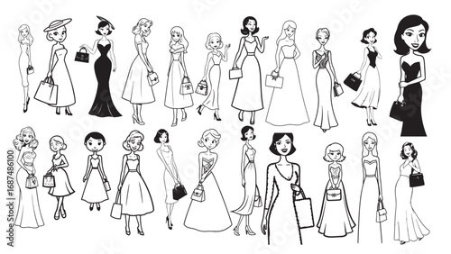 Beautiful Woman Formal Dress Standing Hold Bag Silhouette 2D Cartoon Character Black White Background