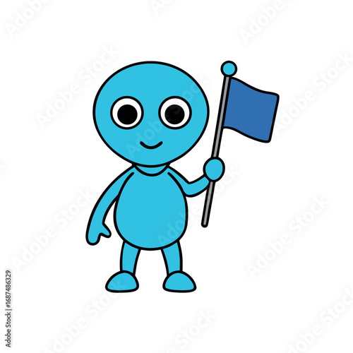Cute cartoon alien carrying a colorful cosmic space flag with joy Vector illustration