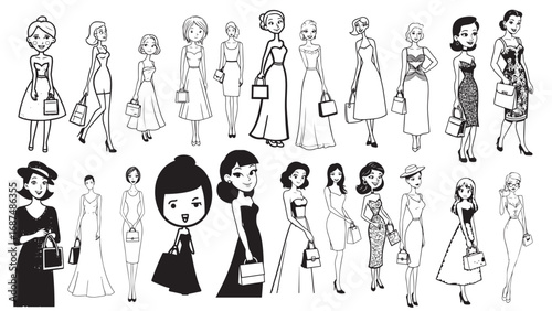 Beautiful Woman Formal Dress Standing Hold Bag Silhouette 2D Cartoon Character Black White Background