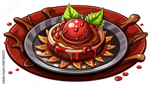 Top view of a delicious looking Sanguinaccio presented elegantly on a dark stylish dessert dish. Isolated on a white background, the composition highlights rich textures and culinary sophistication.