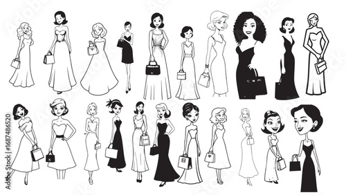 Beautiful Woman Formal Dress Standing Hold Bag Silhouette 2D Cartoon Character Black White Background