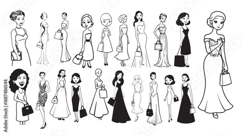 Beautiful Woman Formal Dress Standing Hold Bag Silhouette 2D Cartoon Character Black White Background