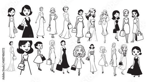 Beautiful Woman Formal Dress Standing Hold Bag Silhouette 2D Cartoon Character Black White Background