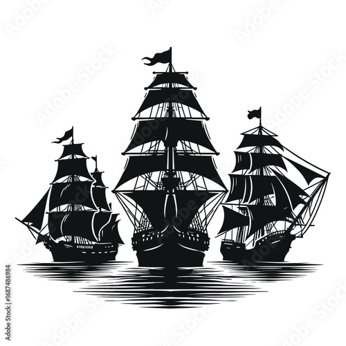  Three tall ships in black silhouette