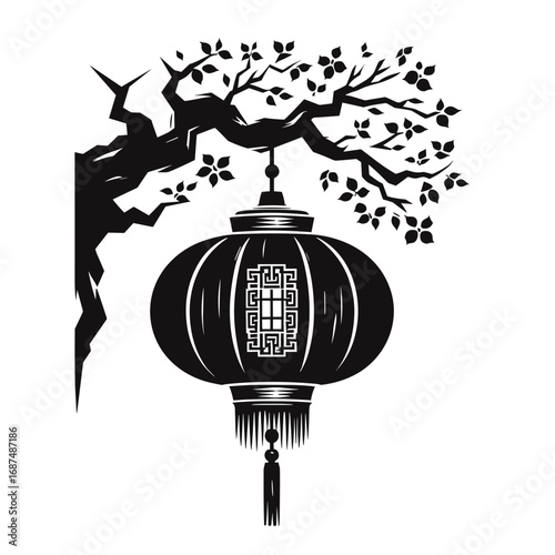 Chinese lantern in black silhouette representing Asian culture