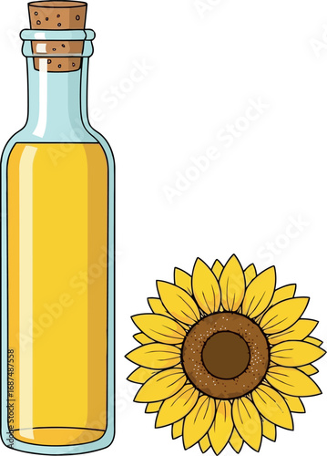 Golden sunflower oil bottle and blooming flower vector illustration vector